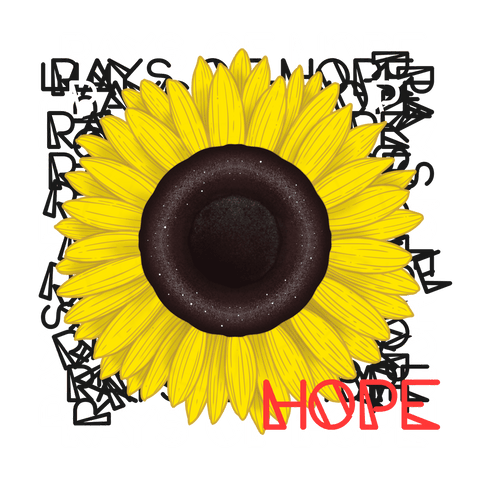 Sonnenblume mit verschiedenen Schriftzügen und dem Wort HOPE