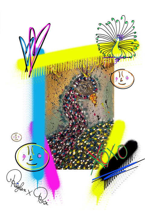 Acryl Gemälde eines Pfaus mit digitalen Verzierungen