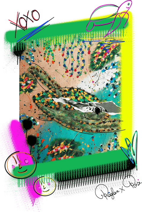 Acryl Gemälde einer Schildkröte mit digitalen Verzierungen