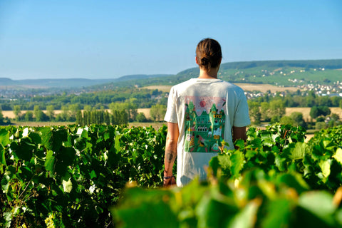 Mann mit T-Shirt steht in einem Weinfeld